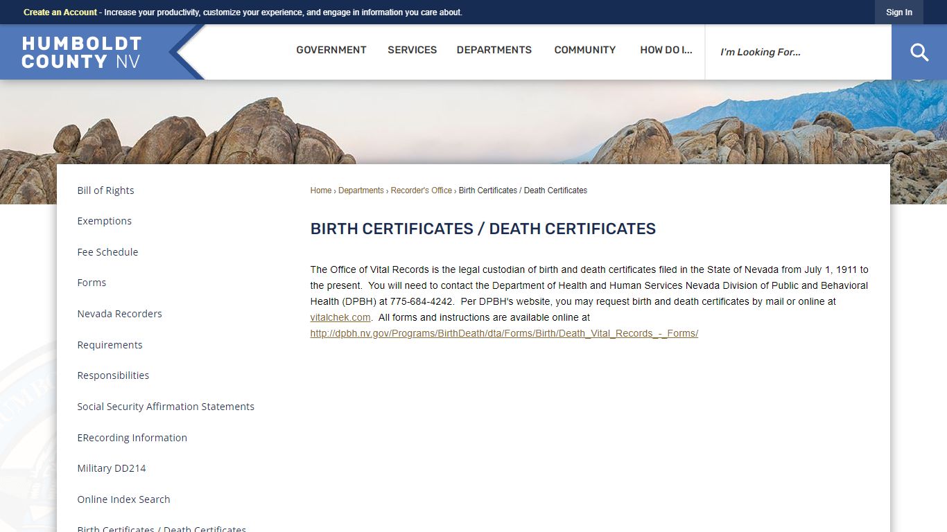 Birth Certificates / Death Certificates | Humboldt County, NV